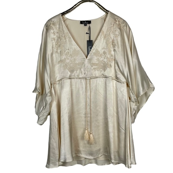 LULUS THESE WORDS LIGHT BEIGE SATIN KIMONO SLEEVE DRAWSTRING EMBROIDERED DRESS - Picture 4 of 16